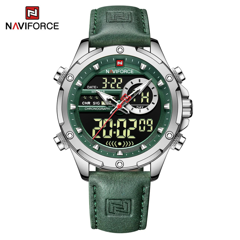 Naviforce Analog/Digital Watch for Men with Leather Genuine Band, Water Resistant, NF9208, Green-Green