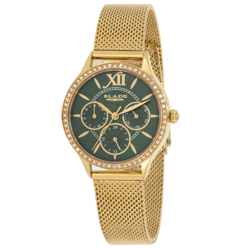 

Blade Glam Analog Watch for Women with Stainless Steel Band, Water Resistant, 3657L2GEG, Gold-Green