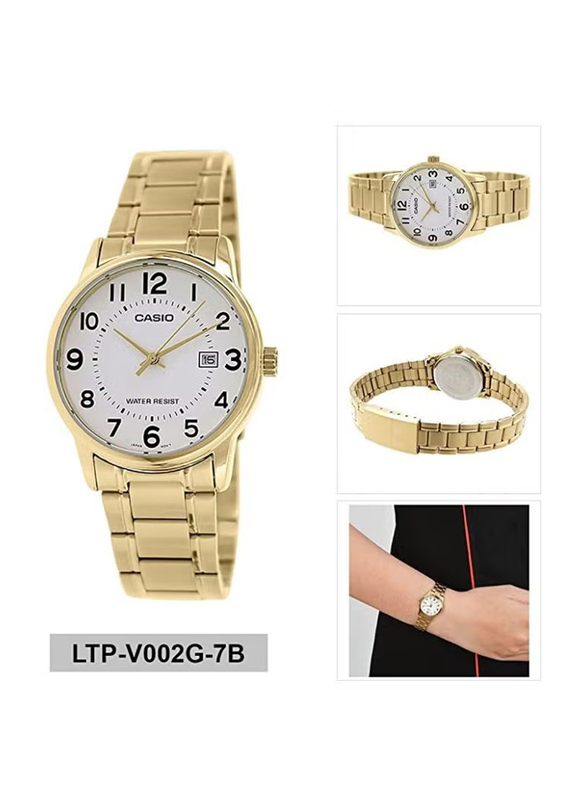 Casio Dress Analog Watch for Women with Stainless Steel Band, Water Resistant, LTP-V002G-7B2, Gold-White