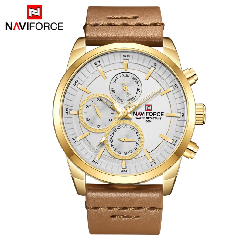 

Naviforce Analog Watch for Men with Leather Band, Water Resistant and Chronograph, NF9148, Brown-White
