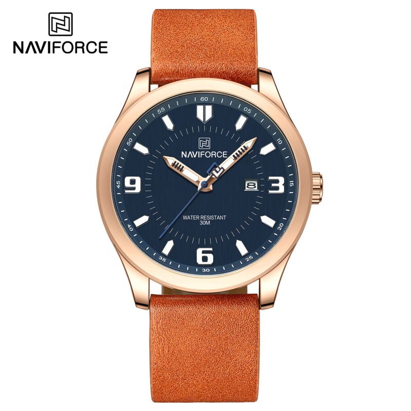 

Navi Force Analog Watch for Men with Leather Band, Water Resistant, NF8024, Light Brown-Blue