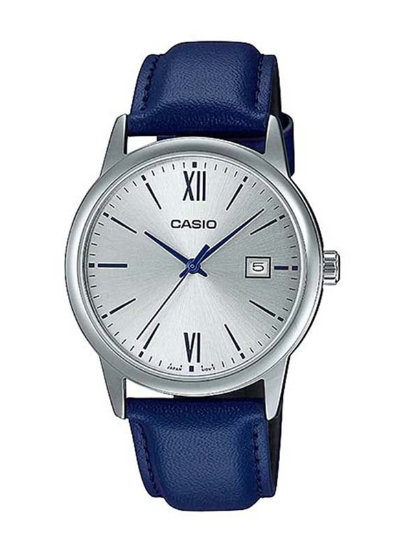Casio Analog Watch for Men with Leather Band, Water Resistant, MTP-V002L-2B3UDF, Blue-Silver