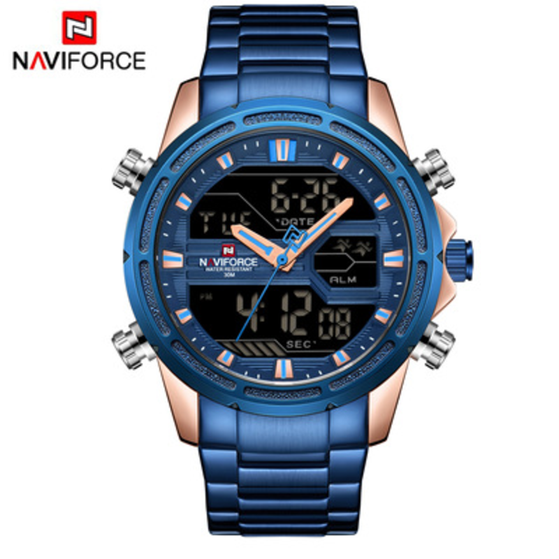 

Naviforce Analog/Digital Watch for Men with Stainless Steel Band, Water Resistant, NF9138S, Blue-Blue