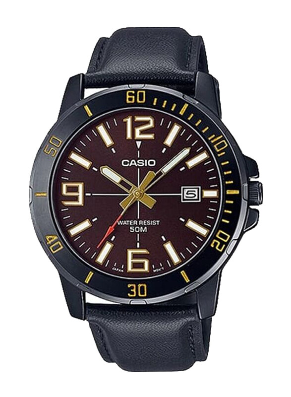 

Casio Analog Watch for Men with Leather Band, MTP-VD01BL-5BVUDF, Black-Brown