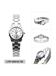 Casio Dress Timepiece Analog Watch for Women with Stainless Steel Band, Water Resistant, LTP-V001D-7B, Silver-White