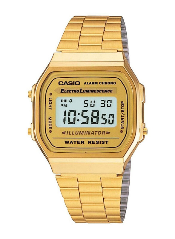 

Casio Digital Watch for Men with Stainless Steel Band, Water Resistant, A168WG, Gold-Yellow/Grey