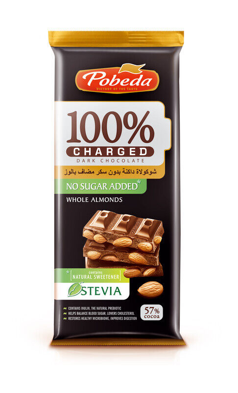 

Pobeda Charged dark chocolate no sugar with Stevia and whole almonds 57% Cocoa