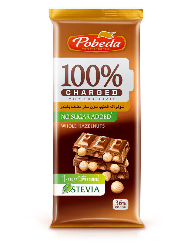 

Pobeda Charged milk chocolate no sugar with Stevia and whole hazelnuts 36% cocoa