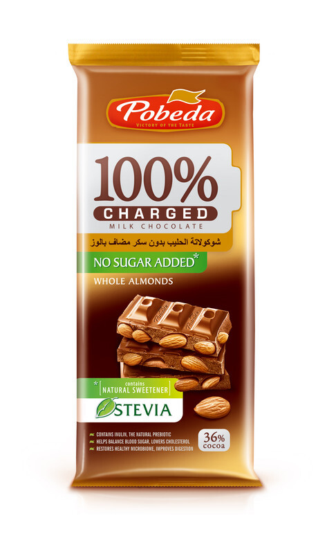Pobeda Charged milk chocolate no sugar with Stevia and  whole almonds 36% cocoa