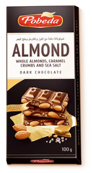 Pobeda Dark chocolate with whole almonds, caramel crumbs and sea salt