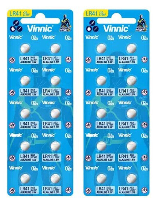 

Vinnic AG3 / LR41 (L736F) Alkaline 1.5V Button Cell Batteries - 20 Pieces