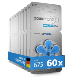 Powerone 60-Pieces (IMPLANT plus) (P675 IMP Size) VARTA 1.45V 0% Mercury Hearing Aid Batteries