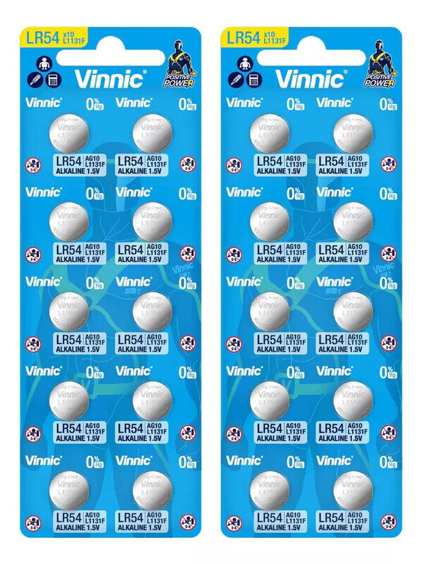 

Vinnic AG10 / LR54 / LR1130 (L1131F) Alkaline 1.5V Button Cell Batteries - 20 Pieces