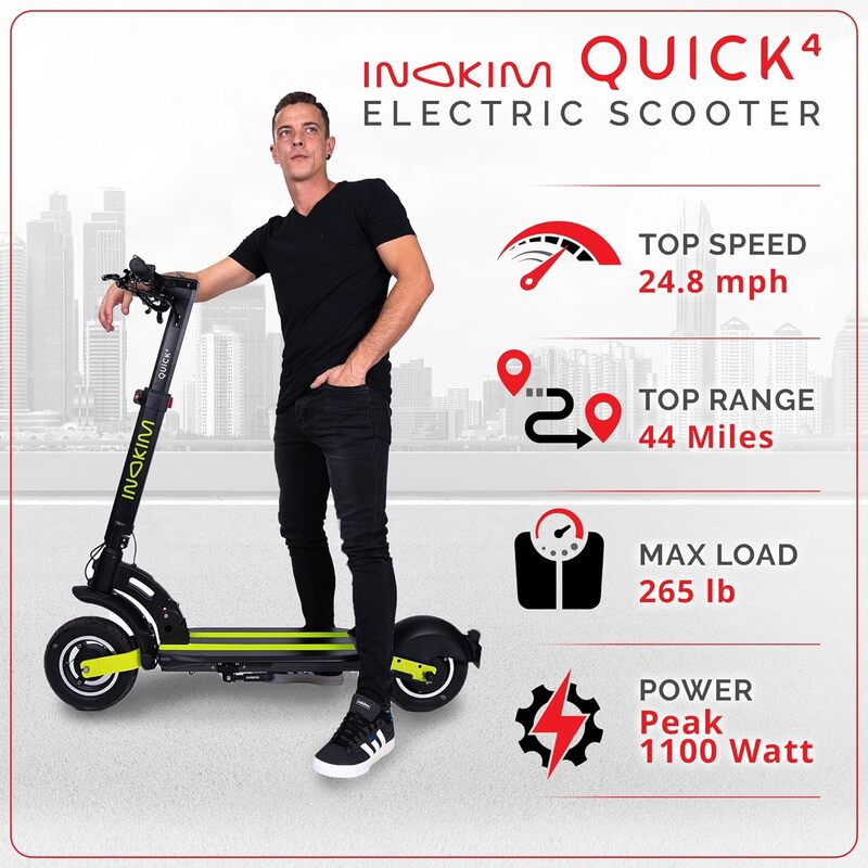 INOKIM Quick 4 Electric Scooter Adults, Powerful 600W (1100W Max) Motor, 44 Mile Range, 25 MPH, 10" Pneumatic Tires, Front & Rear LED Light, Quick Foldable, Dual Suspension System