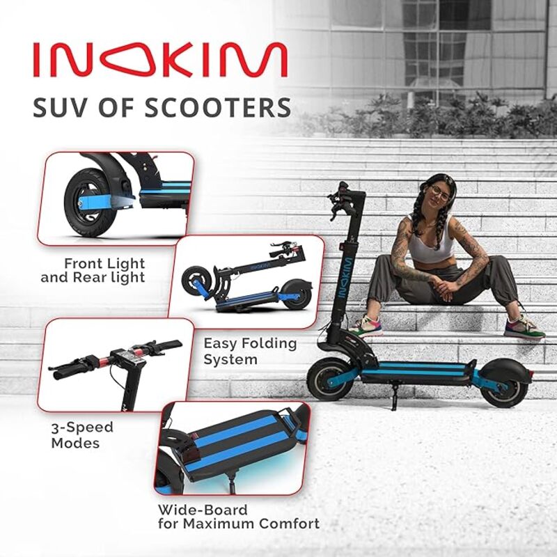 INOKIM Quick 4 Electric Scooter Adults, Powerful 600W (1100W Max) Motor, 44 Mile Range, 25 MPH, 10" Pneumatic Tires, Front & Rear LED Light, Quick Foldable, Dual Suspension System