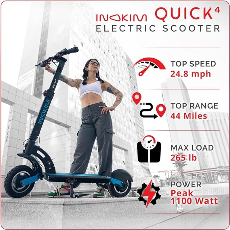 INOKIM Quick 4 Electric Scooter Adults, Powerful 600W (1100W Max) Motor, 44 Mile Range, 25 MPH, 10" Pneumatic Tires, Front & Rear LED Light, Quick Foldable, Dual Suspension System