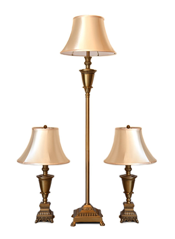 Salhiya Lighting 1 Floor Lamp with 2 Table Lamps Set, E27 Bulb Type, 8007, Brass/Beige