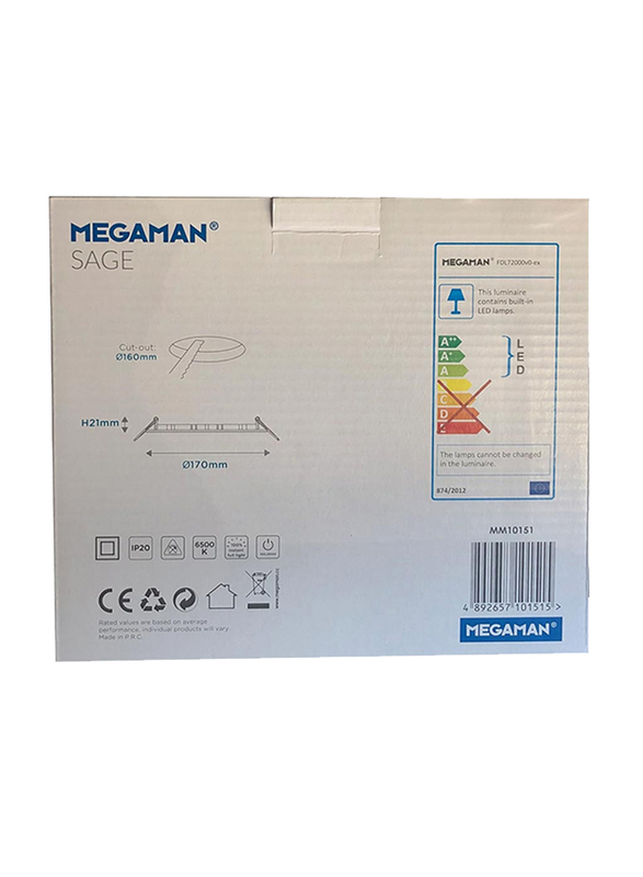 Megaman Sage Ultra Slim Ceiling Downlight, LED Bulb Type, 15W, FDL72500v0EX, 6500K-Daylight