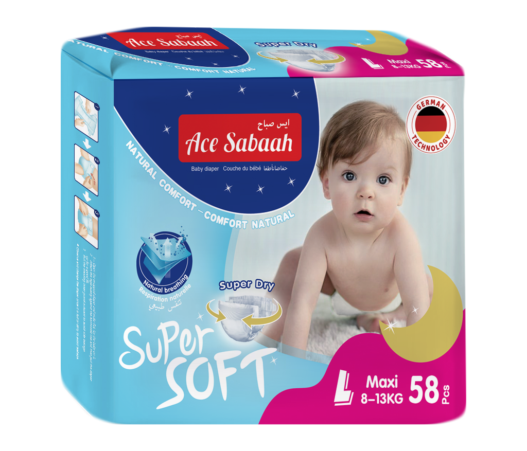 Ace Sabaah Super Soft Baby Diaper, Size Large, Maxi 8 - 13 Kg, Pack of 58 pcs