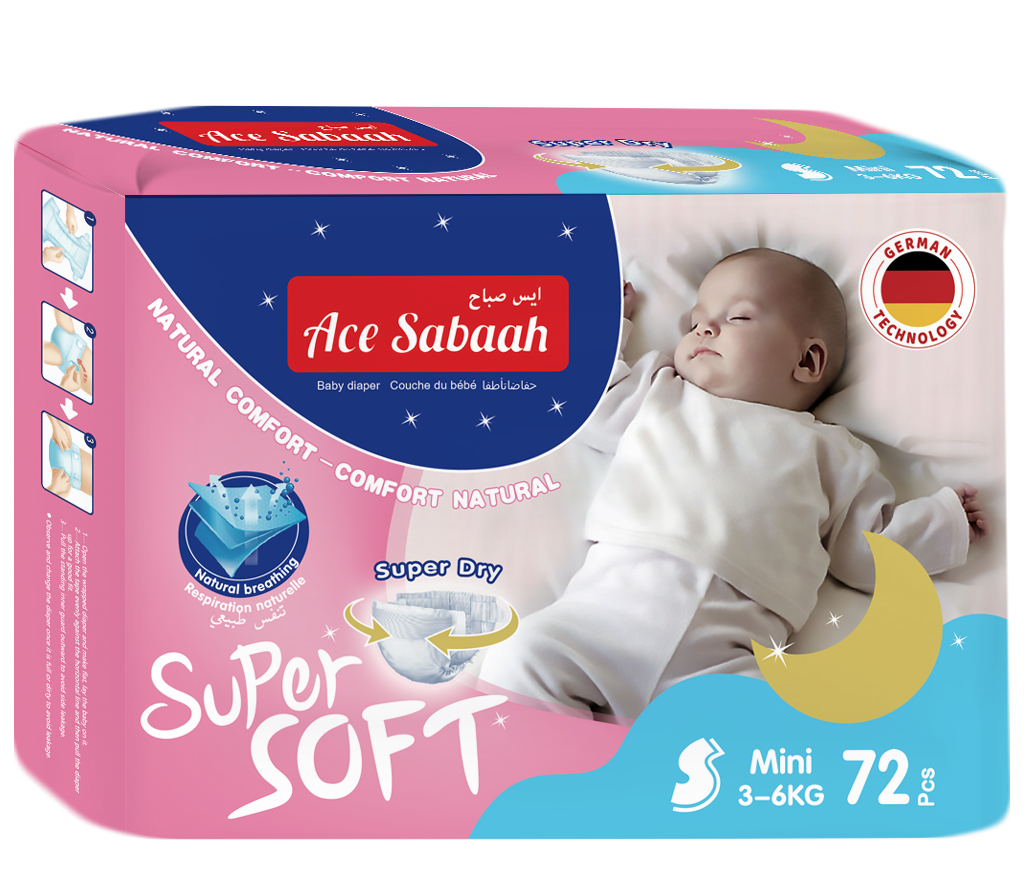 Ace Sabaah Super Soft Baby Diaper, Size Small, Mini 3 - 6 Kg, Pack of 72 pcs