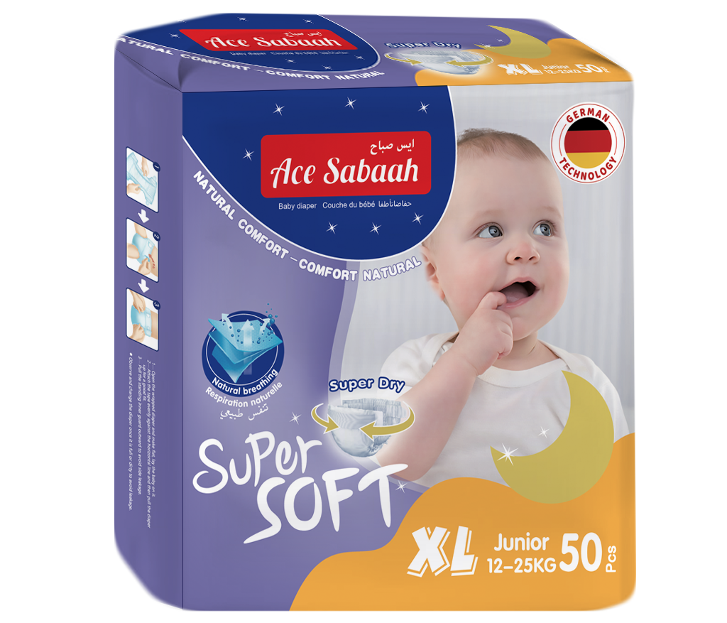 Ace Sabaah Super Soft Baby Diaper, Size Extra Large, Junior 12 - 15 Kg, Pack of 50 pcs