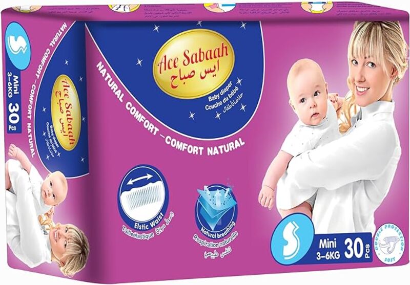 Ace Sabaah Baby Diaper, Small Size, Mini 3-6kg, Pack of 30 pcs