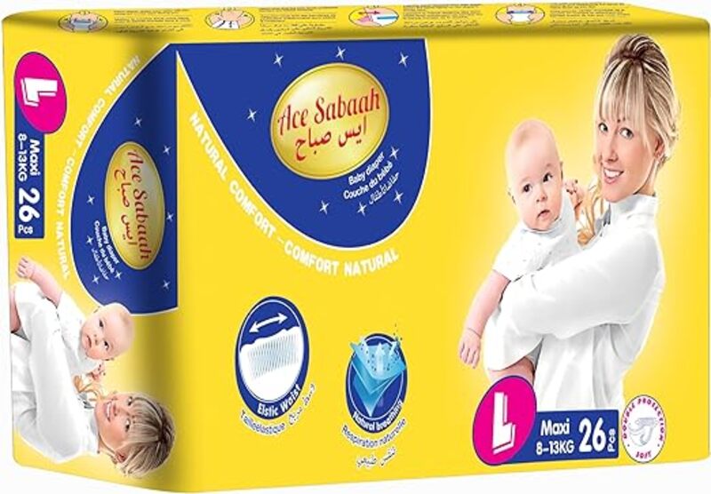 Ace Sabaah Baby Diaper, Large Size, Maxi 8-13kg, Pack of 26 pcs