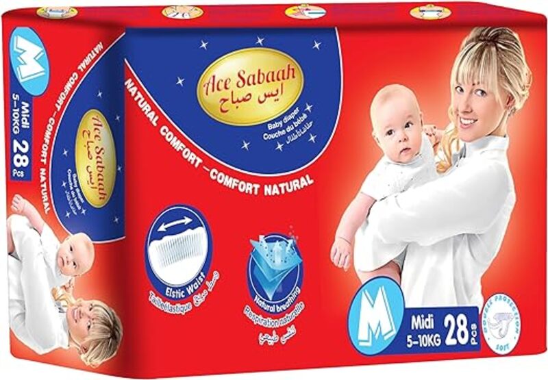 Ace Sabaah Baby Diaper, Medium Size, Midi 5-10kg, Pack of 28 pcs