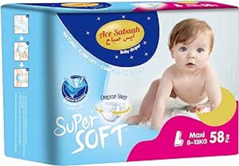 Ace Sabaah Super Soft Baby Diaper, Size Large, Maxi 8 - 13 Kg, Pack of 58 pcs