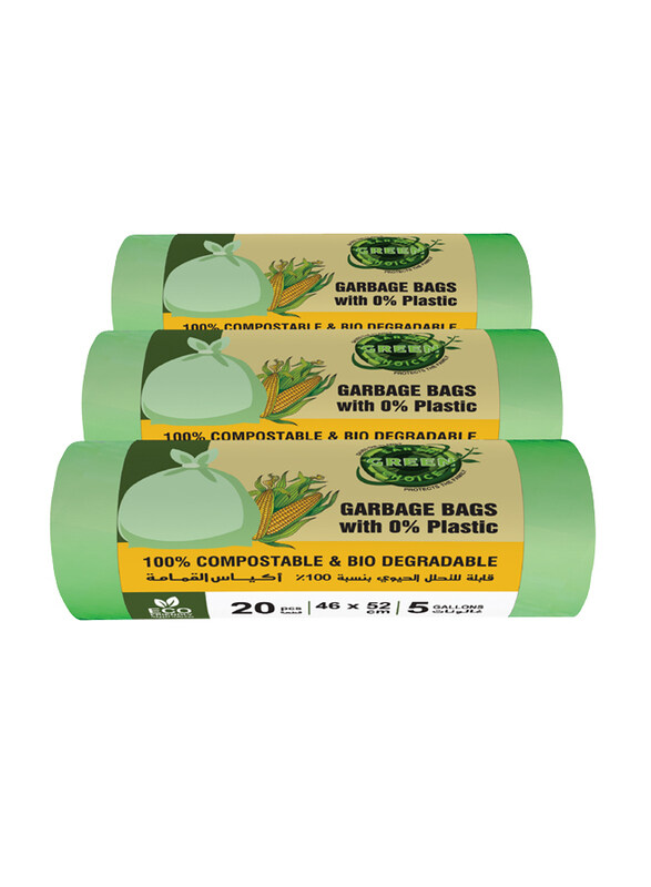 

Earth Green Choice Compostable Trash Bags, 46x52cm, 5 Gallons, 3 x 20 Bags, EGCCTB4652P3, Green