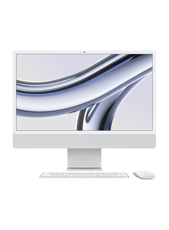 Apple iMac AIO Desktop Computer, 24" 4.5K Retina Display, Apple M3 Chip, 8-Core CPU Processor, 256GB SSD, 8GB RAM, Apple 10-Core GPU Graphic Card, EN Keyboard, macOS, MQRJ3 B/A, Silver