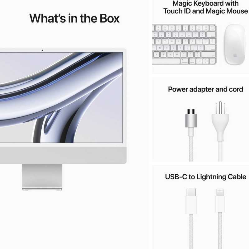 Apple iMac AIO Desktop Computer, 24" 4.5K Retina Display, Apple M3 Chip, 8-Core CPU Processor, 256GB SSD, 8GB RAM, Apple 10-Core GPU Graphic Card, EN Keyboard, macOS, MQRJ3 B/A, Silver