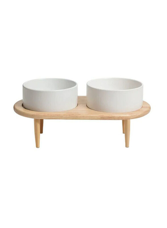 

E.V.A. Home Decor Carob Dog Double Feeding Bowl with Stand, Medium, White