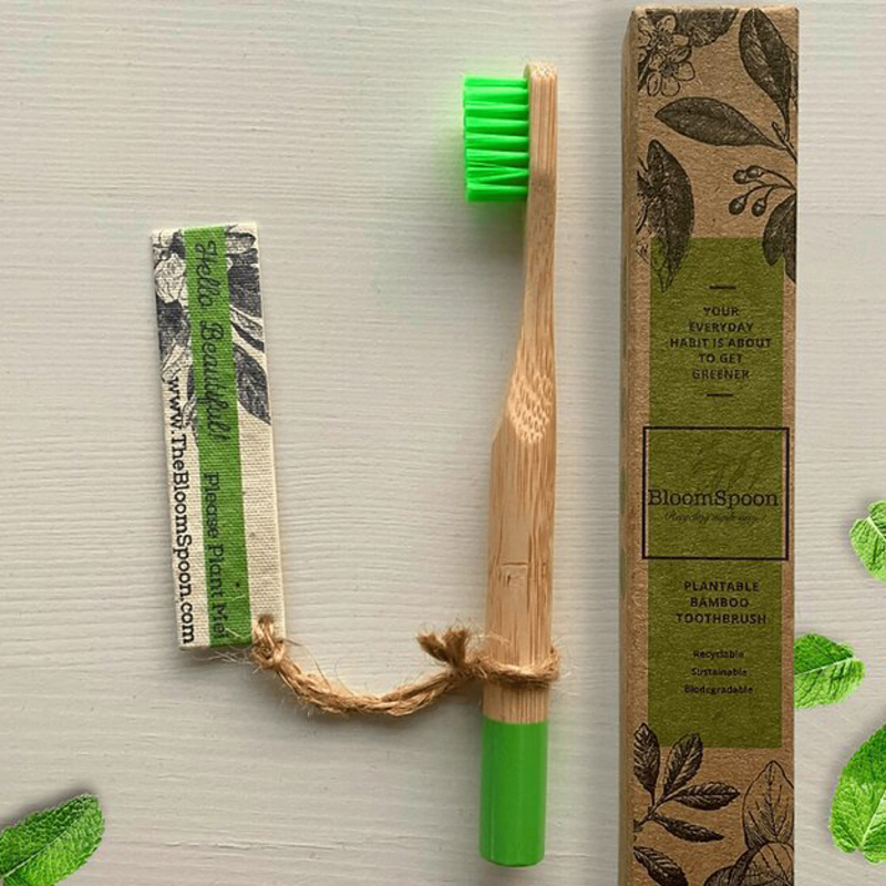 Bloomspoon Kids Bamboo Toothbrush with Plantable Seed Tag, Green