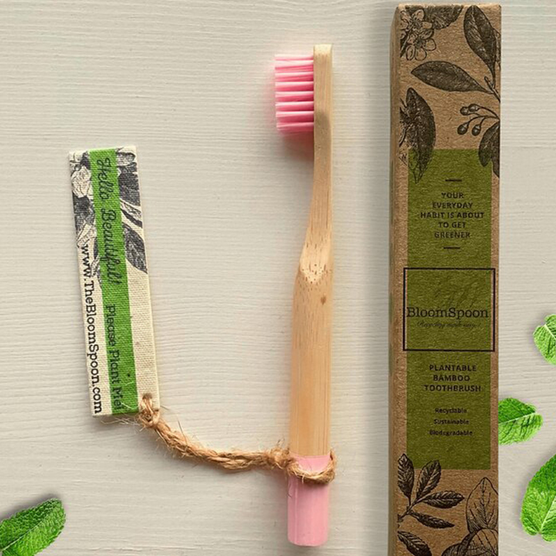 Bloomspoon Kids Bamboo Toothbrush with Plantable Seed Tag, Pink