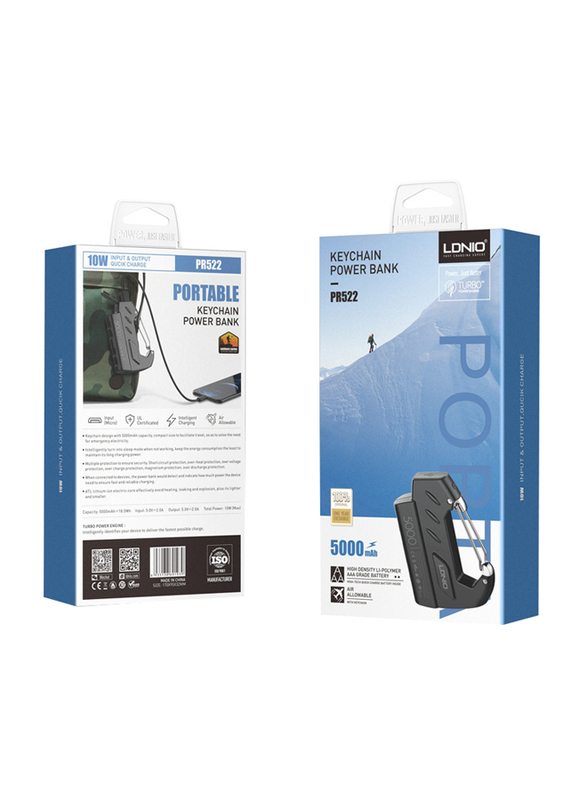 Ldnio 5000mAh Portable Slim Waterproof Portable Carabiner Power Bank, PR522, Black