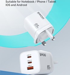 Bwoo 3-in-1 65W GaN Super Fast Charger, White