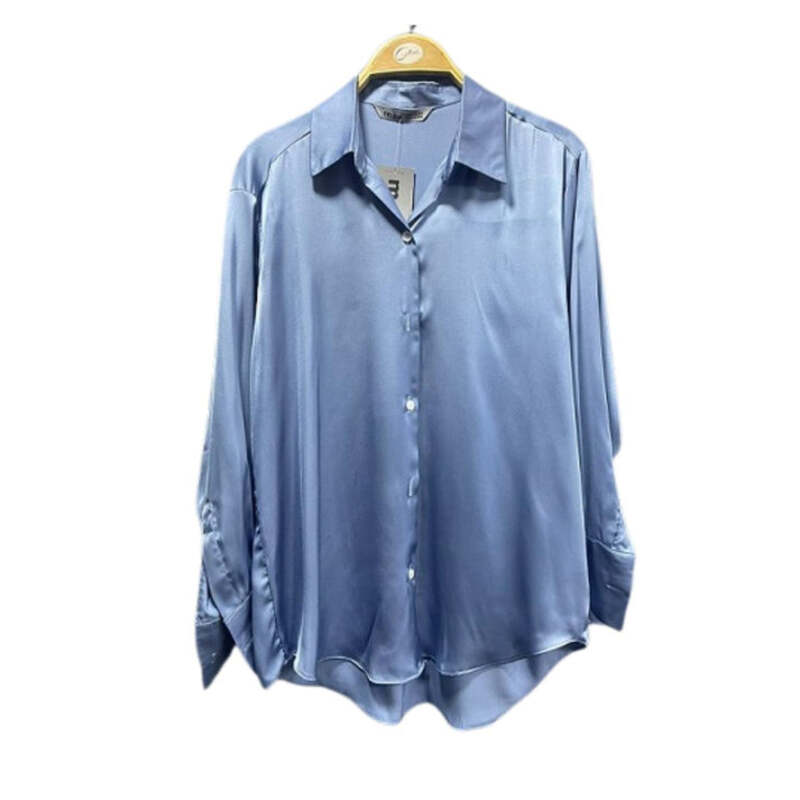 Max For Less Blouse with Long Sleeves for Women, Satin Silk, S, Blue