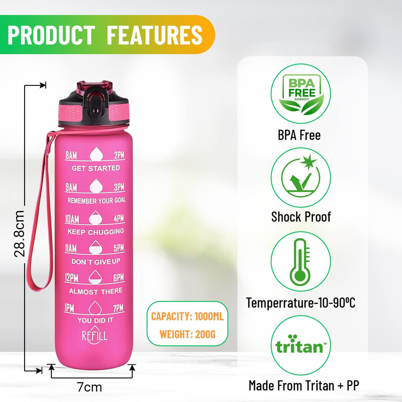 HM2A Tritan Plastic Water Bottle with Straw & Time Marker, 1L, Pink