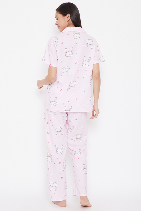 Clovia Bunny & Heart Print Button Down Shirt & Pyjama in Baby Pink - Rayon