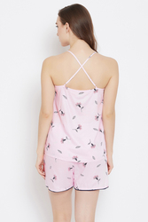 Clovia Print Me Pretty Cami Top & Shorts in Pink - Rayon