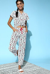 Clovia Hello Kitty Print Button Down Shirt & Pyjama Set in White - 100% Cotton