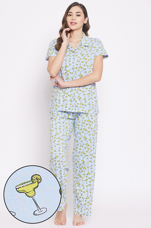 Clovia Margarita Glass Print Button Down Shirt & Pyjamas Set in Powder Blue - 100% Cotton