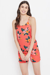 Clovia Pretty Florals Cami Top & Shorts in Orange - Crepe