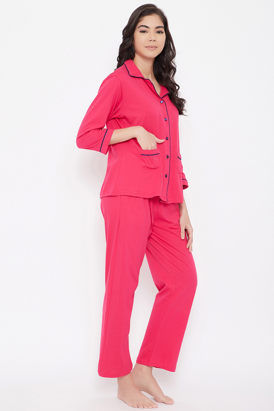 Clovia Button Down Shirt & Pyjama Set in Pink - 100% Cotton