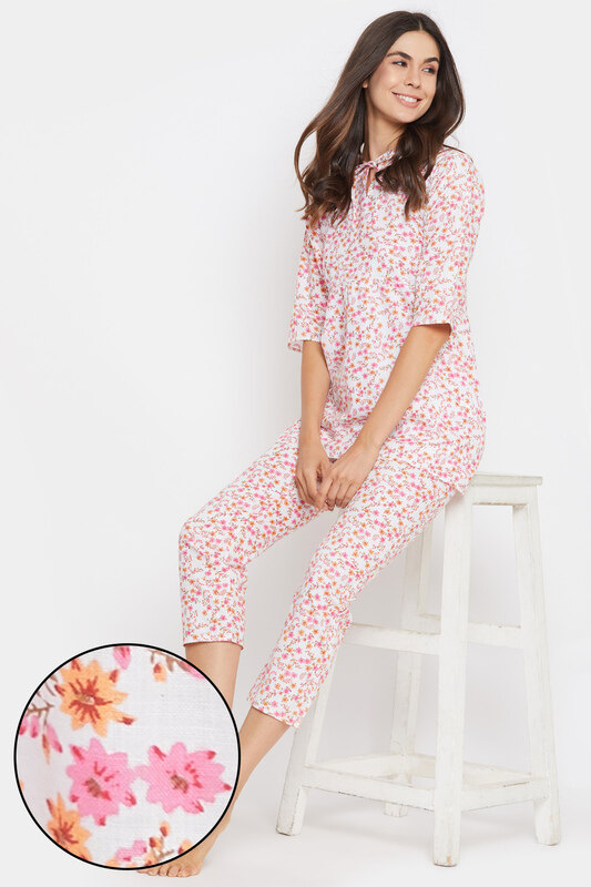 

Clovia Pretty Florals Top & Cropped Pyjama in White - 100% Cotton