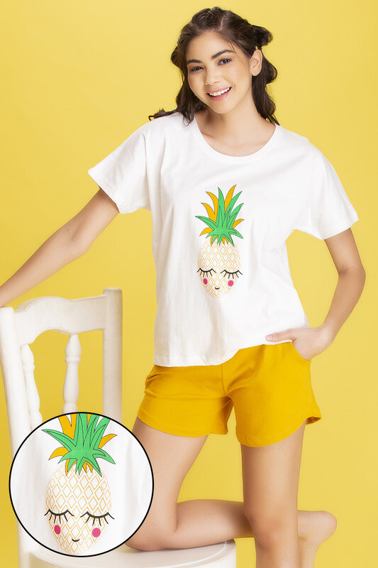 

Clovia Pineapple Print Top & Shorts in White & Yellow - Cotton