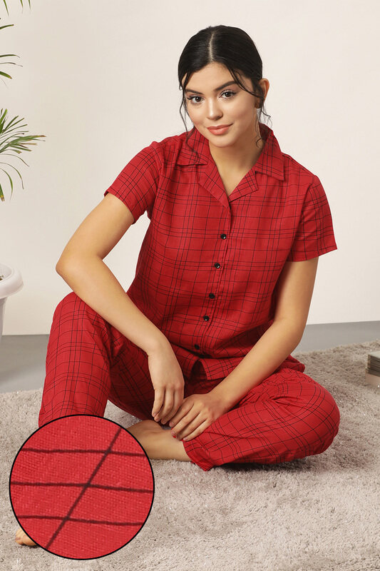 

Clovia Classic Checks Button Down Shirt & Pyjama in Red- 100% Cotton