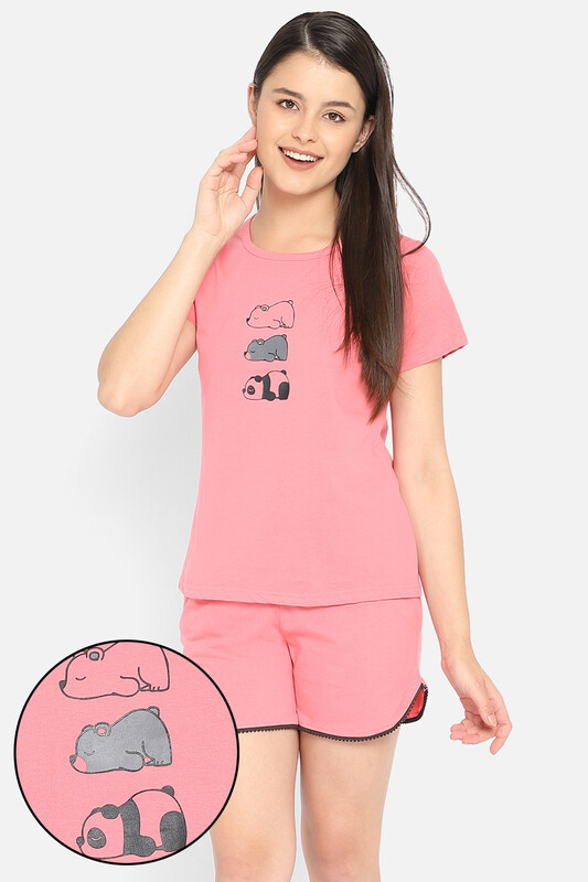 

Clovia Graphic Print Top & Short Set in Coral Pink - 100% Cotton