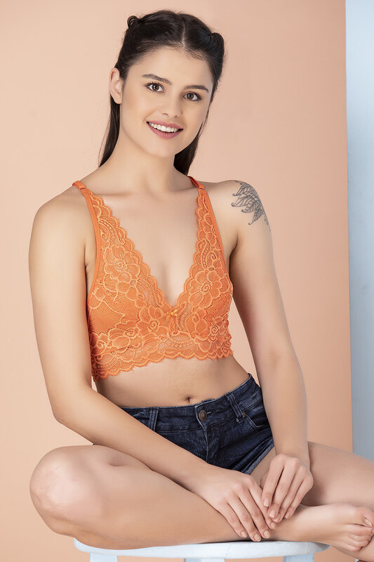 

Clovia Non-Padded Non-Wired Demi Cup Racerback Bralette in Orange - Lace